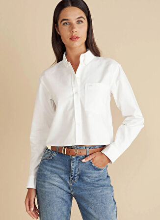 Brooks Brothers Regular Fit Gömlek Yaka Beyaz Kadın Gömlek %100 Pamuk Logo Nakışlı Crop Oxford