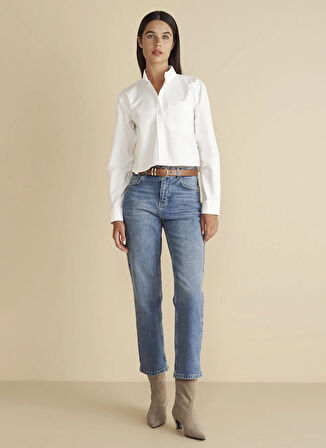 Brooks Brothers Regular Fit Gömlek Yaka Beyaz Kadın Gömlek %100 Pamuk Logo Nakışlı Crop Oxford