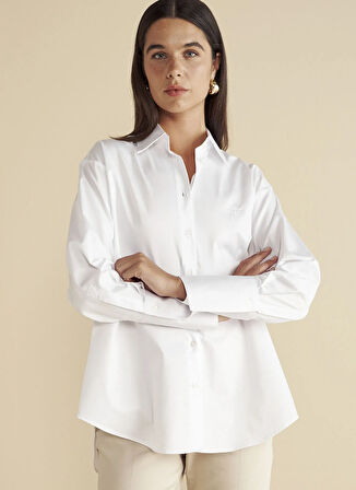 Brooks Brothers Oversize Gömlek Yaka Beyaz Kadın Gömlek %100 Pamuk Arkası Düğme Detaylı Göm
