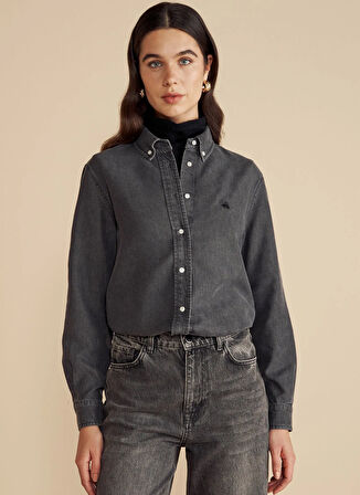 Brooks Brothers Oversize Gömlek Yaka Antrasit Kadın Denim Gömlek Logo Nakışlı Tencel Gömlek
