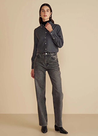 Brooks Brothers Oversize Gömlek Yaka Antrasit Kadın Denim Gömlek Logo Nakışlı Tencel Gömlek