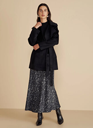 Brooks Brothers Siyah Kadın Kaban %100 Yün Geniş Yakalı Beli Kuşaklı