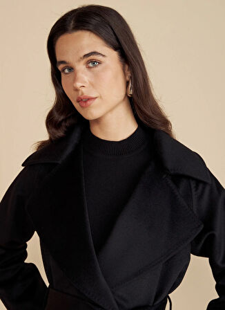 Brooks Brothers Siyah Kadın Kaban %100 Yün Geniş Yakalı Beli Kuşaklı