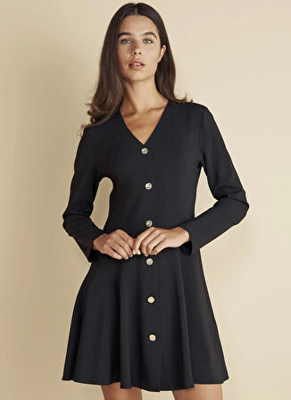 Brooks Brothers V Yaka Düz Siyah Mini Kadın Elbise V Yaka Volanlı Mini Elbise