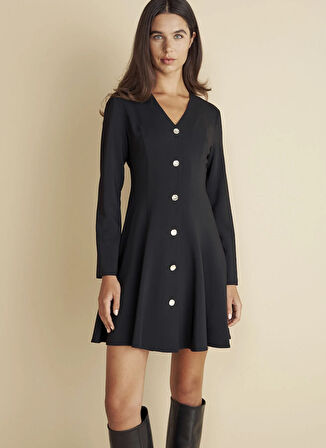 Brooks Brothers V Yaka Düz Siyah Mini Kadın Elbise V Yaka Volanlı Mini Elbise