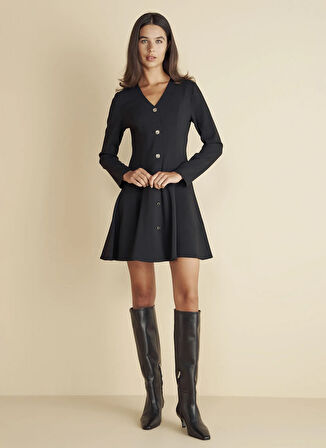 Brooks Brothers V Yaka Düz Siyah Mini Kadın Elbise V Yaka Volanlı Mini Elbise