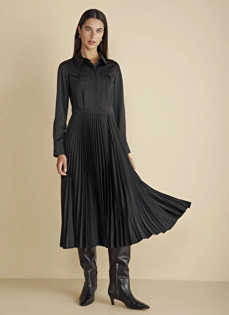 Brooks Brothers Gömlek Yaka Düz Siyah Midi Kadın Elbise Cepli Pliseli Krep Midi Elbise