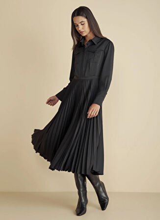 Brooks Brothers Gömlek Yaka Düz Siyah Midi Kadın Elbise Cepli Pliseli Krep Midi Elbise