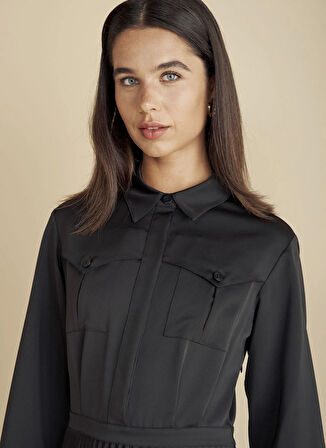 Brooks Brothers Gömlek Yaka Düz Siyah Midi Kadın Elbise Cepli Pliseli Krep Midi Elbise