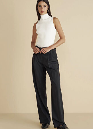 Brooks Brothers Yüksek Bel Regular Fit Siyah Kadın Pantolon %100 Yün Çift Pileli Deri Kemerli P