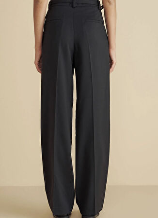 Brooks Brothers Yüksek Bel Regular Fit Siyah Kadın Pantolon %100 Yün Çift Pileli Deri Kemerli P