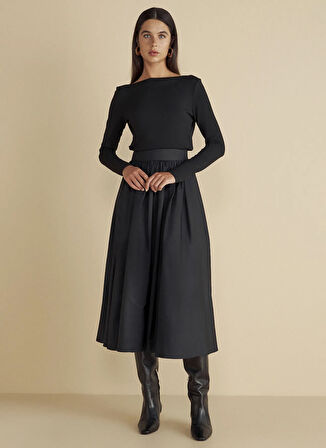 Brooks Brothers Normal Bel Siyah Kadın Midi Etek Tafta Büzgülü Maksi Etek