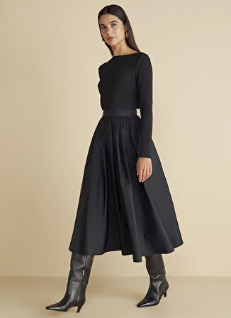 Brooks Brothers Normal Bel Siyah Kadın Midi Etek Tafta Büzgülü Maksi Etek