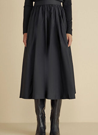 Brooks Brothers Normal Bel Siyah Kadın Midi Etek Tafta Büzgülü Maksi Etek