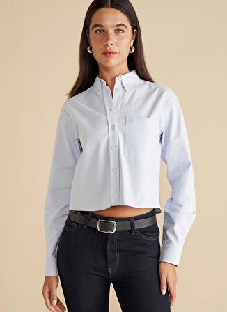 Brooks Brothers Regular Fit Gömlek Yaka Mavi Kadın Gömlek %100 Pamuk Logo Nakışlı Crop Oxford