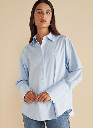 Brooks Brothers Oversize Gömlek Yaka Mavi Kadın Gömlek %100 Pamuk Kontrast Garnili Oversiz
