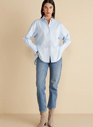 Brooks Brothers Oversize Gömlek Yaka Mavi Kadın Gömlek %100 Pamuk Kontrast Garnili Oversiz