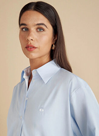 Brooks Brothers Oversize Gömlek Yaka Mavi Kadın Gömlek %100 Pamuk Kontrast Garnili Oversiz