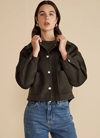 Brooks Brothers Haki Kadın Mont Çıkartılabilir Deri Yakalı Yün Kısa