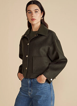 Brooks Brothers Haki Kadın Mont Çıkartılabilir Deri Yakalı Yün Kısa