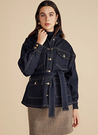 Brooks Brothers Lacivert Kadın Denim Ceket Metal Düğmeli Beli Kuşakli Denim Ce