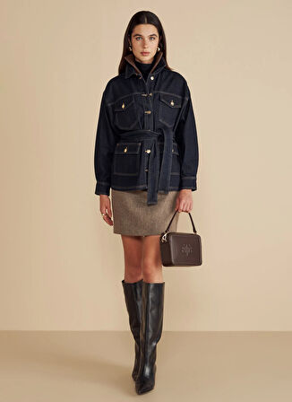 Brooks Brothers Lacivert Kadın Denim Ceket Metal Düğmeli Beli Kuşakli Denim Ce