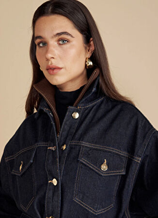 Brooks Brothers Lacivert Kadın Denim Ceket Metal Düğmeli Beli Kuşakli Denim Ce