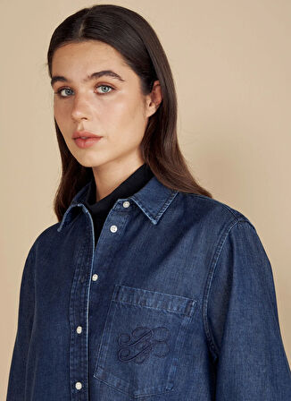 Brooks Brothers Oversize Gömlek Yaka Lacivert Kadın Denim Gömlek Logo Nakışlı Tencel Crop Gömlek