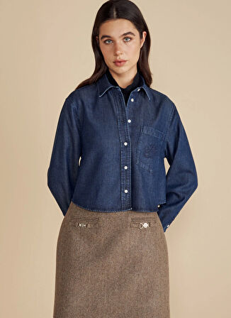 Brooks Brothers Oversize Gömlek Yaka Lacivert Kadın Denim Gömlek Logo Nakışlı Tencel Crop Gömlek