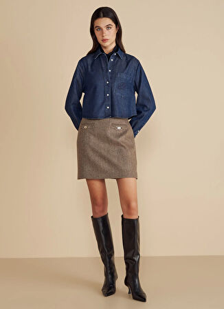 Brooks Brothers Oversize Gömlek Yaka Lacivert Kadın Denim Gömlek Logo Nakışlı Tencel Crop Gömlek