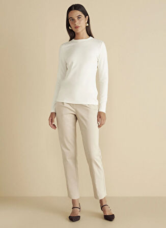 Brooks Brothers Normal Bel Regular Fit Bej Kadın Pantolon Metal Logo Detaylı Yarım Lastikli P