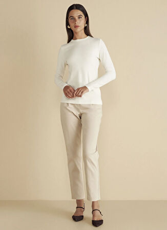 Brooks Brothers Normal Bel Regular Fit Bej Kadın Pantolon Metal Logo Detaylı Yarım Lastikli P