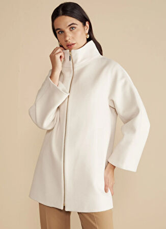 Brooks Brothers Ekru Kadın Kaban Dik Yakalı Kısa Yün Kaban