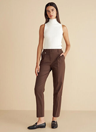 Brooks Brothers Normal Bel Regular Fit Kahve Kadın Pantolon Metal Logo Detaylı Yarım Lastikli P