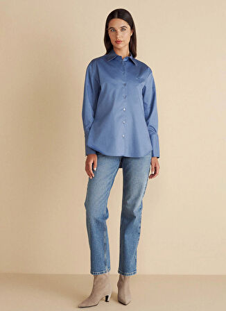 Brooks Brothers Oversize Gömlek Yaka Koyu Mavi Kadın Gömlek %100 Pamuk Arkası Düğme Detaylı Göm
