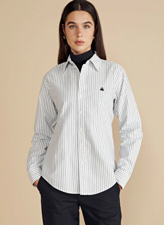 Brooks Brothers Oversize Gömlek Yaka Mavi - Beyaz Kadın Gömlek %100 Pamuk Logo Nakışlı Oxford Göm