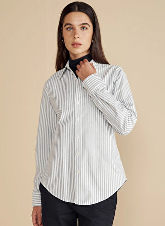 Brooks Brothers Oversize Gömlek Yaka Mavi - Beyaz Kadın Gömlek %100 Pamuk Logo Nakışlı Oxford Göm