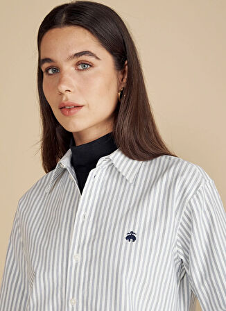 Brooks Brothers Oversize Gömlek Yaka Mavi - Beyaz Kadın Gömlek %100 Pamuk Logo Nakışlı Oxford Göm