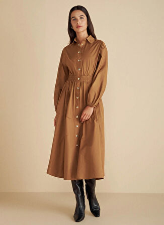 Brooks Brothers Gömlek Yaka Düz Taba Midi Kadın Elbise Metal Çıtçıtlı Tafta Midi Gömlek El