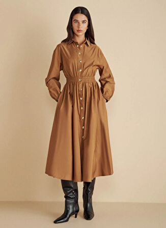 Brooks Brothers Gömlek Yaka Düz Taba Midi Kadın Elbise Metal Çıtçıtlı Tafta Midi Gömlek El