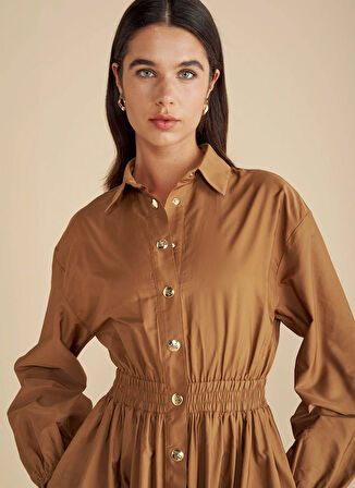 Brooks Brothers Gömlek Yaka Düz Taba Midi Kadın Elbise Metal Çıtçıtlı Tafta Midi Gömlek El