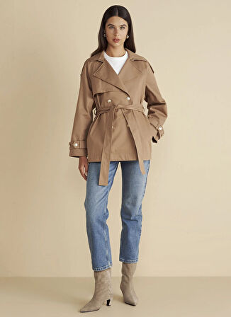 Brooks Brothers Taba Kadın Trençkot Beli Kuşaklı Logo Astarlı Kısa Tren