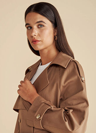 Brooks Brothers Taba Kadın Trençkot Beli Kuşaklı Logo Astarlı Kısa Tren