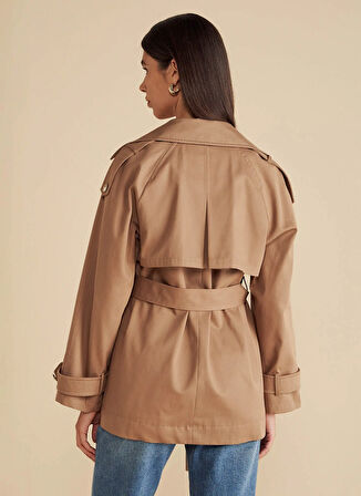 Brooks Brothers Taba Kadın Trençkot Beli Kuşaklı Logo Astarlı Kısa Tren