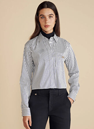 Brooks Brothers Regular Fit Gömlek Yaka Çizgili Lacivert Kadın Gömlek Metal Logolu Cepli Crop Gömlek