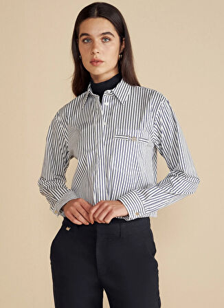 Brooks Brothers Regular Fit Gömlek Yaka Çizgili Lacivert Kadın Gömlek Metal Logolu Cepli Crop Gömlek