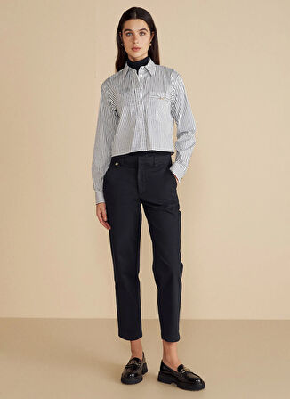 Brooks Brothers Regular Fit Gömlek Yaka Çizgili Lacivert Kadın Gömlek Metal Logolu Cepli Crop Gömlek