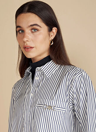 Brooks Brothers Regular Fit Gömlek Yaka Çizgili Lacivert Kadın Gömlek Metal Logolu Cepli Crop Gömlek