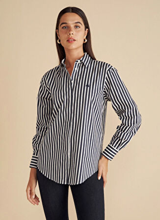 Brooks Brothers Regular Fit Gömlek Yaka Çizgili Lacivert Kadın Gömlek %100 Pamuk Çizgili Oversize Gömlek
