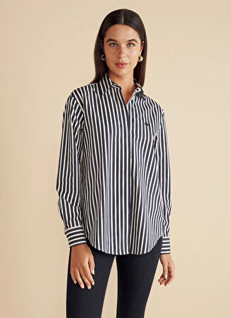 Brooks Brothers Regular Fit Gömlek Yaka Çizgili Lacivert Kadın Gömlek %100 Pamuk Çizgili Oversize Gömlek